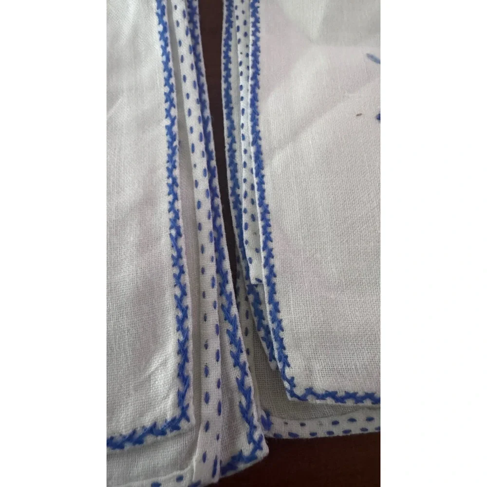 Vintage White Linen‎ Napkins Blue Floral Handmade Square Set of 2 15.5x15.5